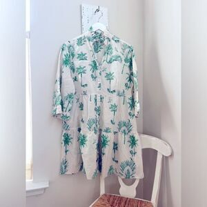 Be Boho Tropical Green and white dress with palms trees and parrots; Size Medium